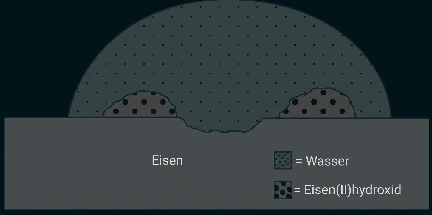 Diagramm: Eisenfläche mit Wasserfilm oben und zwei Ablagerungen aus Eisen(II)-hydroxid.